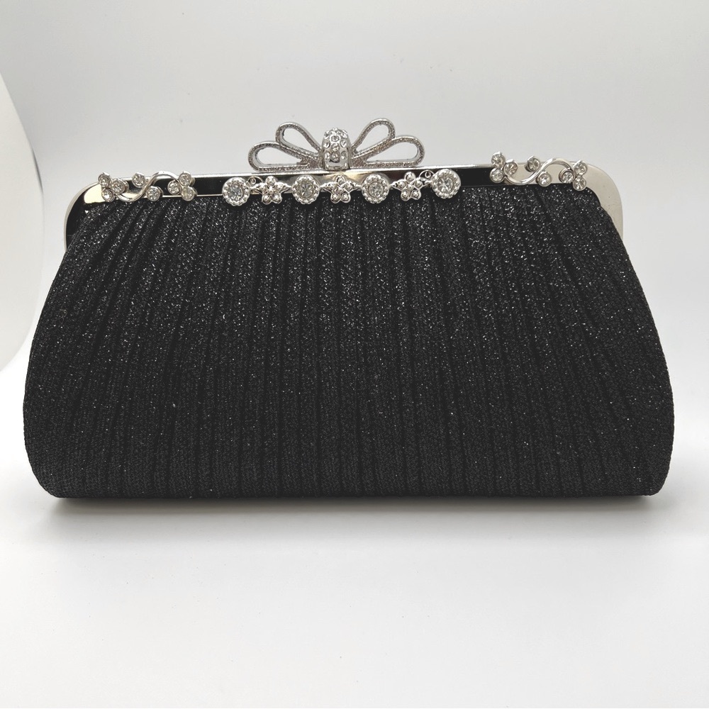Black Metal Fabric Glitter Evening Clutch Bag - Picture 3 of 16